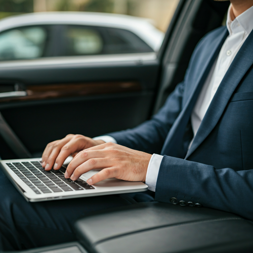 Man in suit using laptop in car